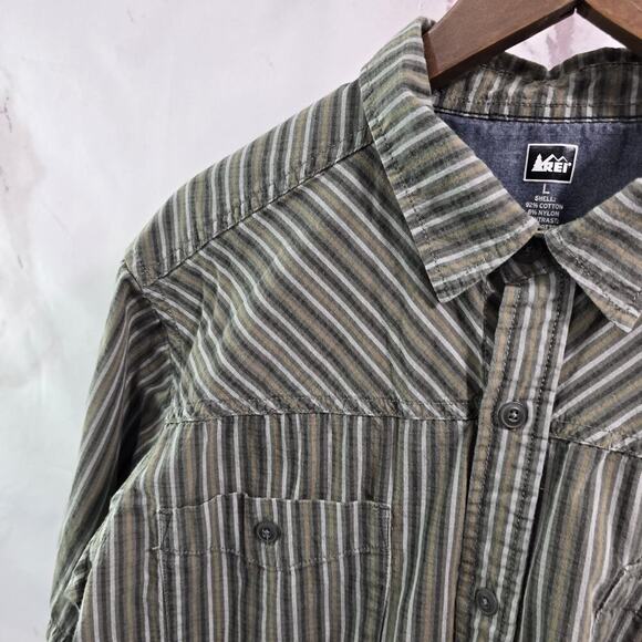REI Shirt Mens Large Brown Striped Button Up Short Sleeve Vintage Cotton - Picture 2 of 9